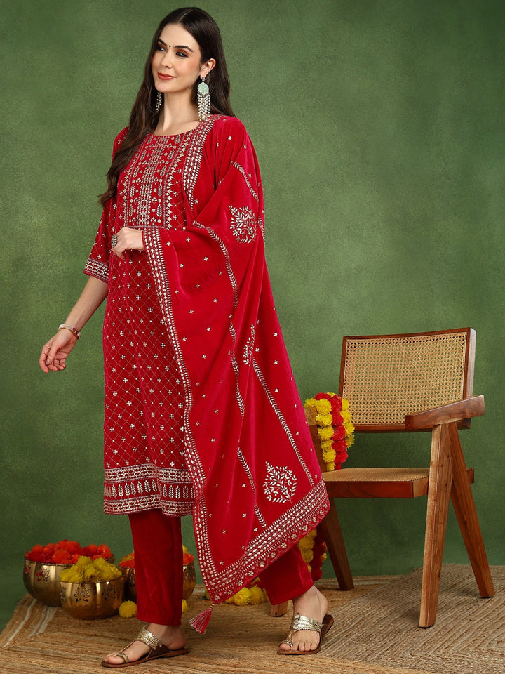 ZERESOUQ-Pink-Velvet-Ethnic-Motifs-Printed-Straight-Straight-3-Piece-Suit-Set