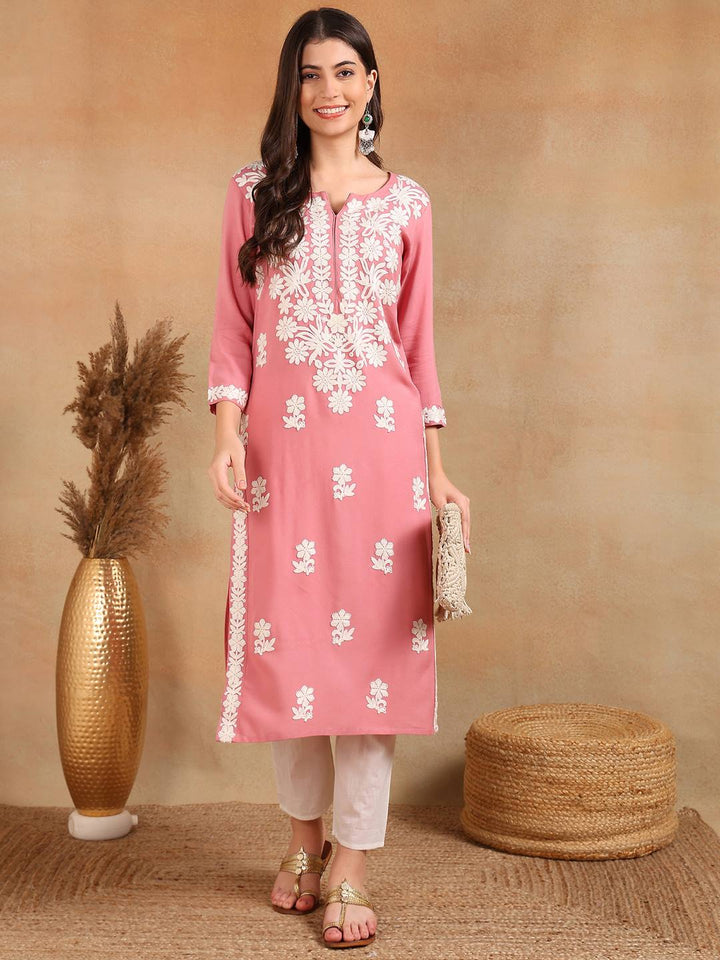 Pink-Viscose-Rayon-Solid-Embroidered-Chikankari-Kurta