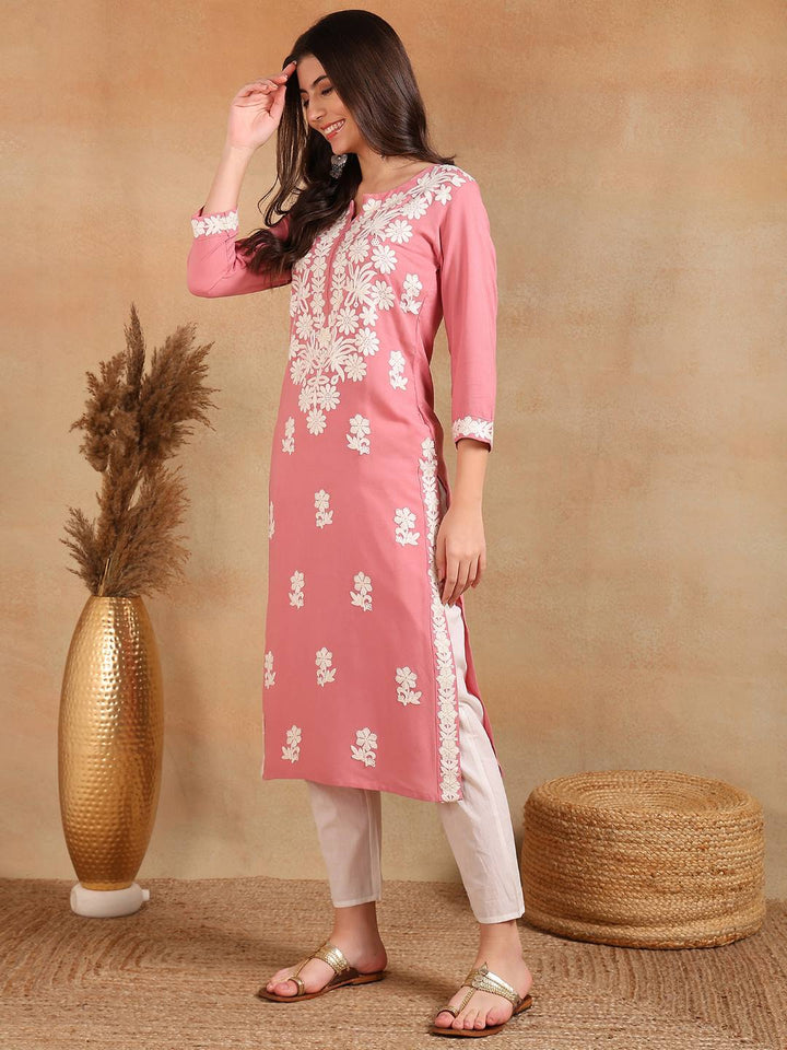 Pink-Viscose-Rayon-Solid-Embroidered-Chikankari-Kurta