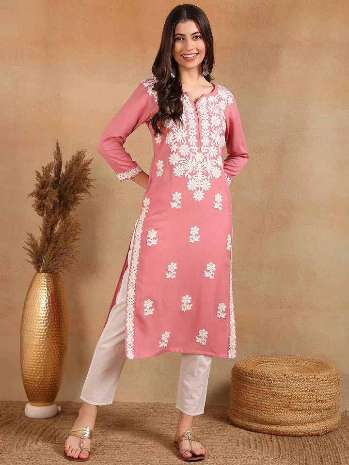 Pink-Viscose-Rayon-Solid-Embroidered-Chikankari-Kurta