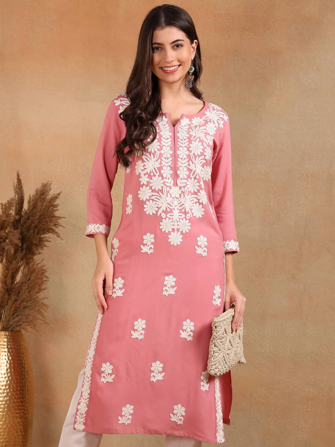 Pink-Viscose-Rayon-Solid-Embroidered-Chikankari-Kurta