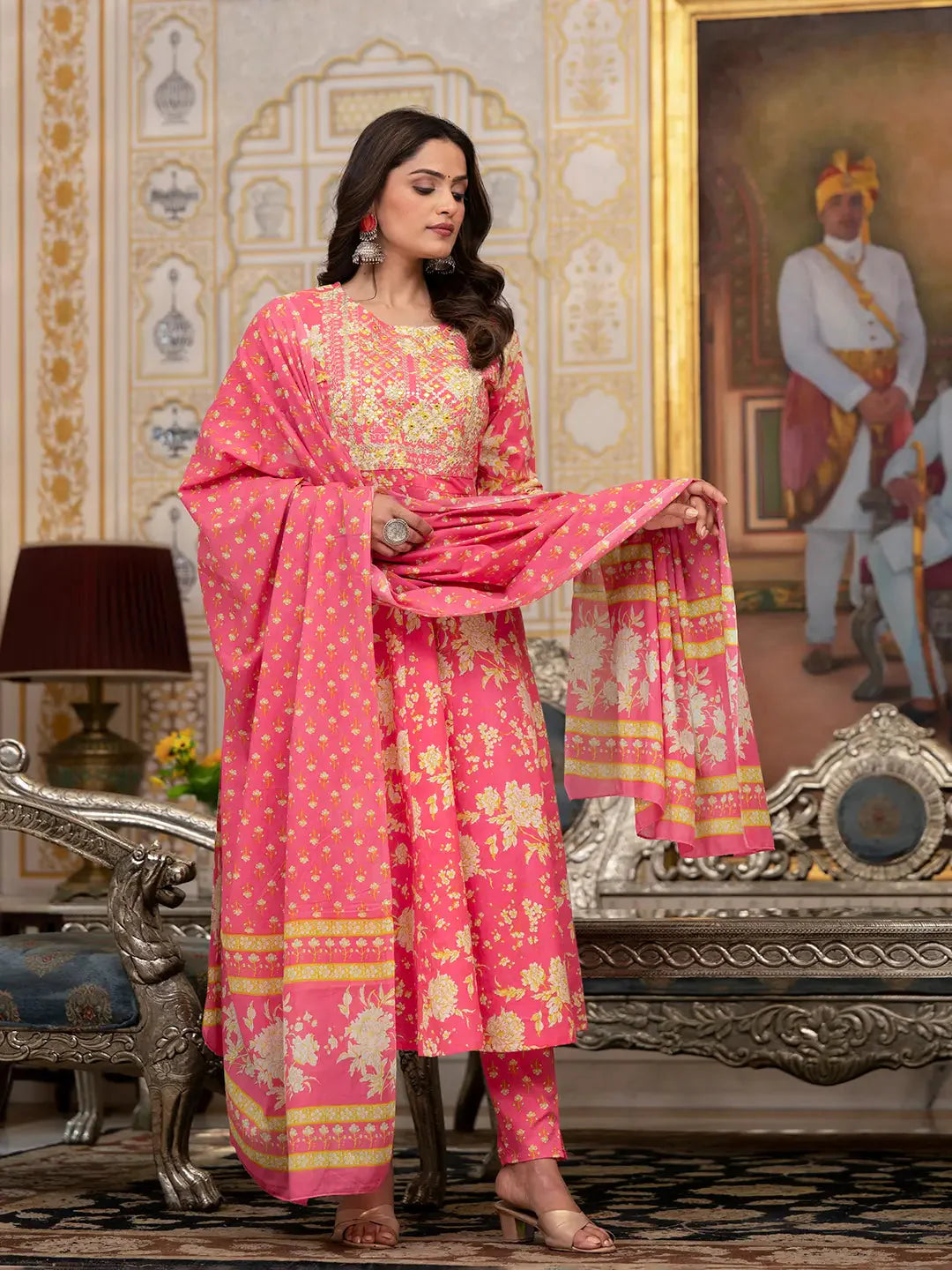 Pink-Cotton-Floral-Print-Zari-Work-Anarkali-Set