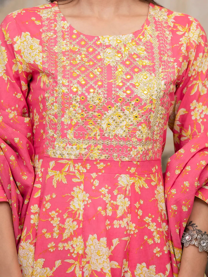 Pink-Cotton-Floral-Print-Zari-Work-Anarkali-Set