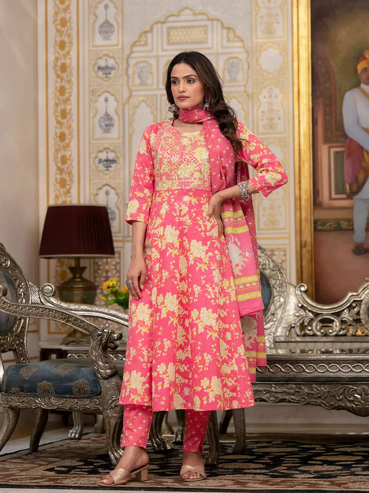 Pink-Cotton-Floral-Print-Zari-Work-Anarkali-Set