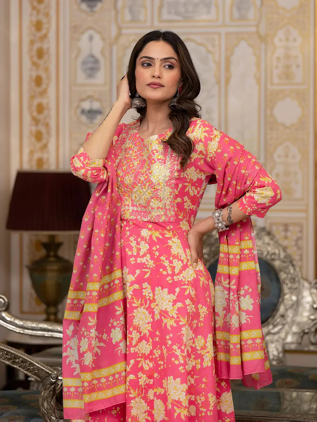 Pink-Cotton-Floral-Print-Zari-Work-Anarkali-Set