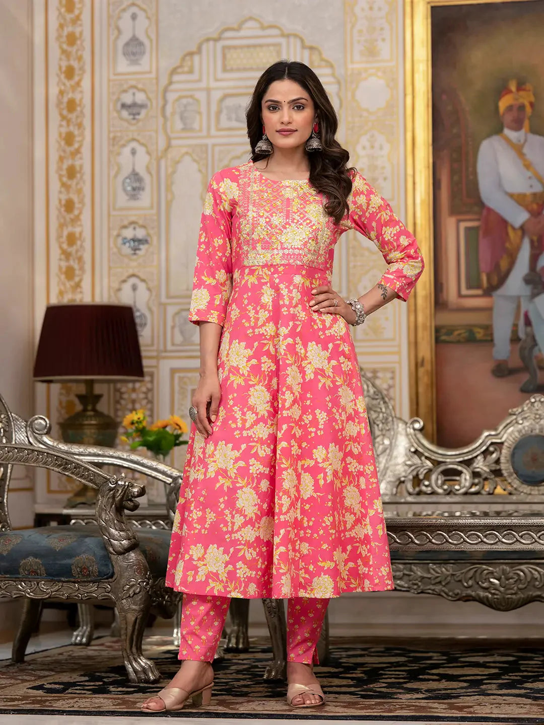 Pink-Cotton-Floral-Print-Zari-Work-Anarkali-Set