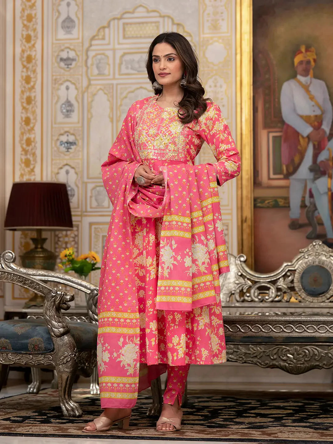 Pink-Cotton-Floral-Print-Zari-Work-Anarkali-Set