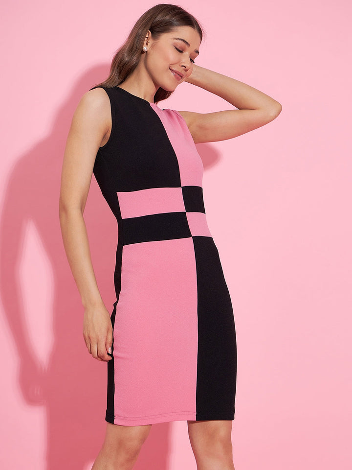 Pink-&-Black-Polyester-Lycra-Color-Blocking-Bodycon-Dress