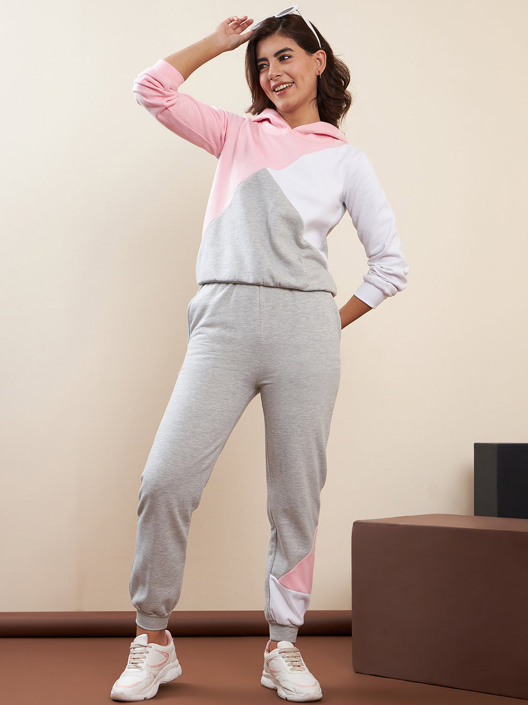 Pink-&-Grey-Fleece-Color-Blocked-Tracksuit-Set