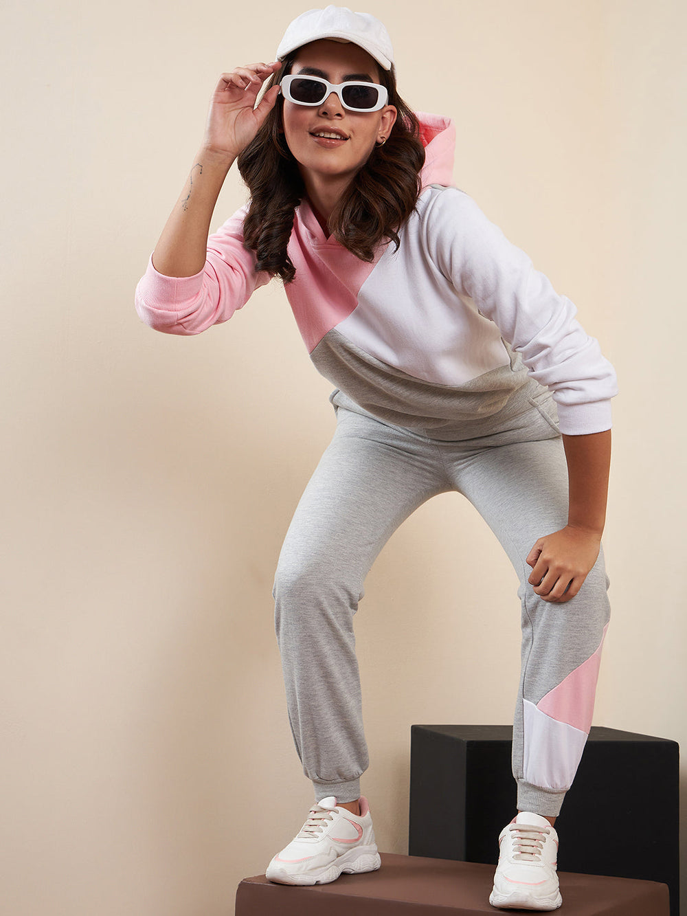 Pink-&-Grey-Fleece-Color-Blocked-Tracksuit-Set