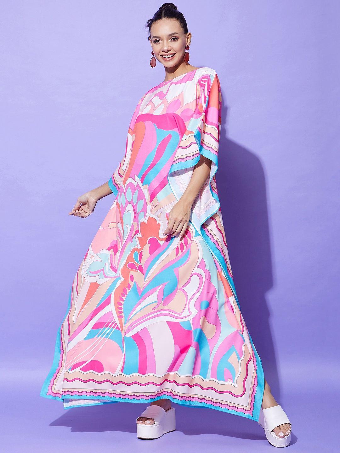 Pink-&-Multicolor-Satin-Printed-Kaftan