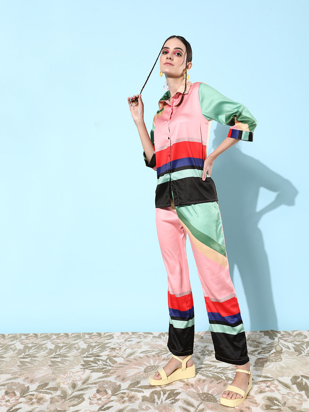 Pink-&-Multicolor-Satin-Shirt-And-Trousers-Co-Ord-Set