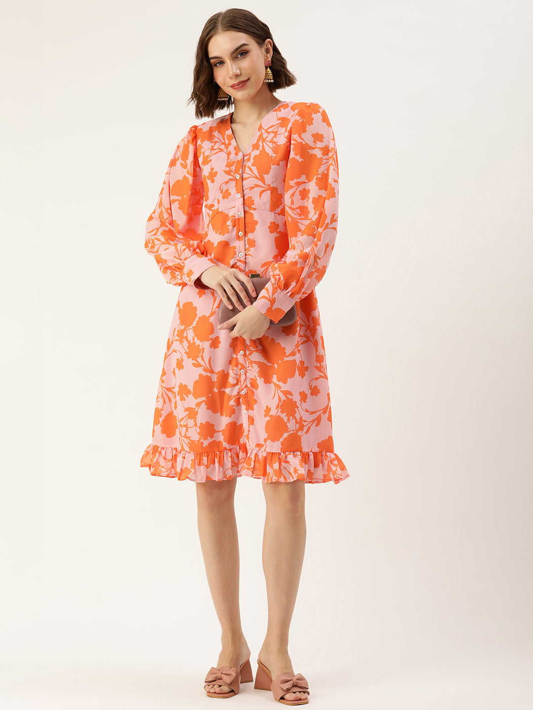Pink-&-Orange-Faux-Georgette-Closed-Neck-Printed-Dress