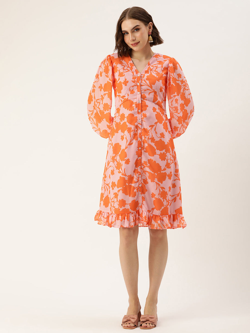 Pink-&-Orange-Faux-Georgette-Closed-Neck-Printed-Dress