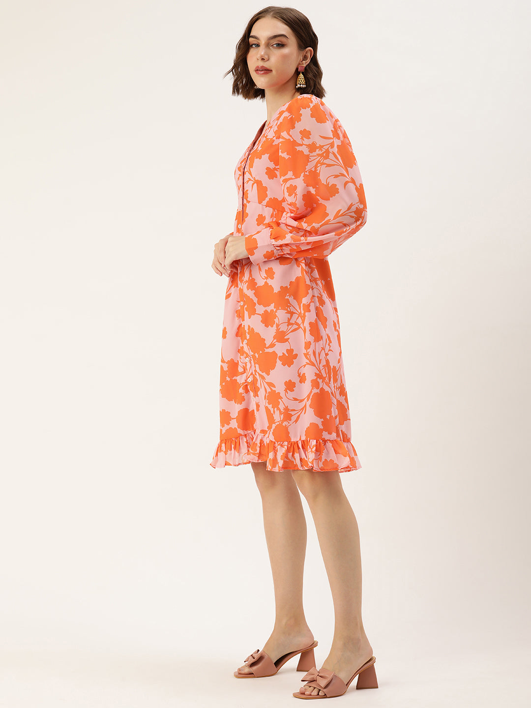 Pink-&-Orange-Faux-Georgette-Closed-Neck-Printed-Dress