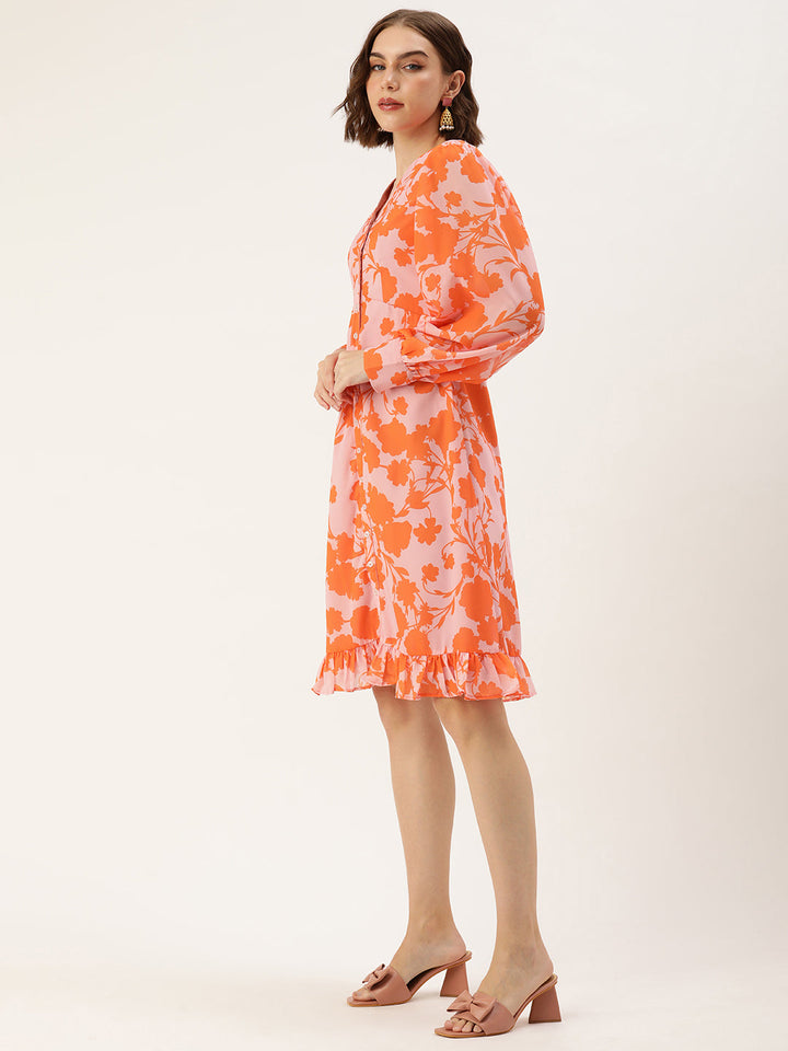 Pink-&-Orange-Faux-Georgette-Closed-Neck-Printed-Dress