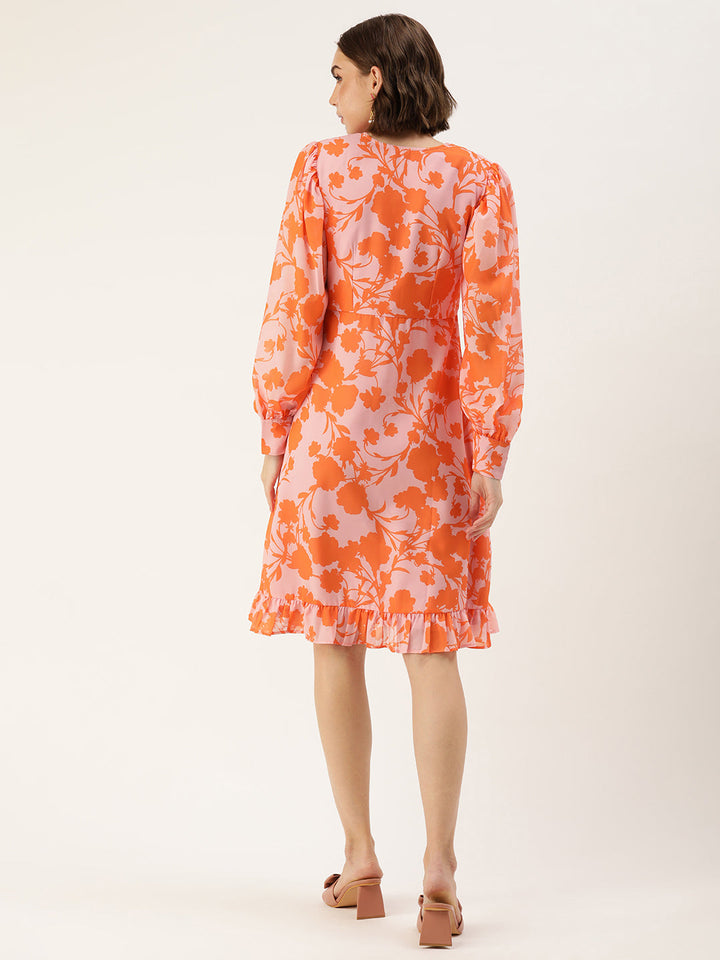 Pink-&-Orange-Faux-Georgette-Closed-Neck-Printed-Dress