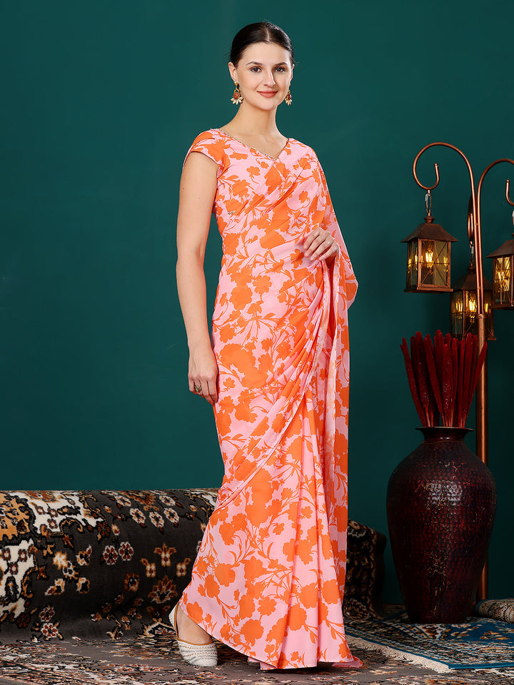 Pink-&-Orange-Georgette-Chinon-Digital-Print-Saree