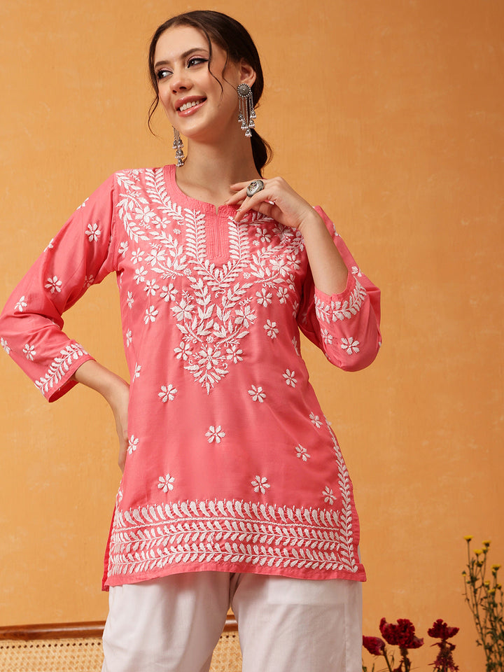 Pink & White Authentic Muslin Chikankari Tunic