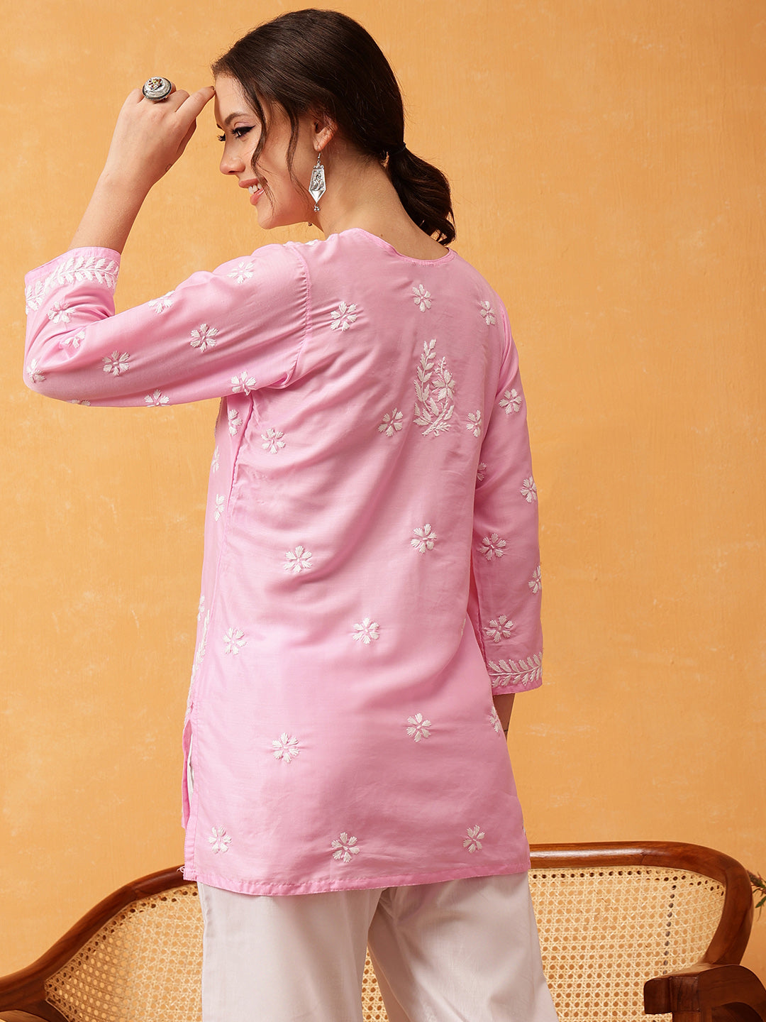 Pink & White Authentic Muslin Chikankari Tunic