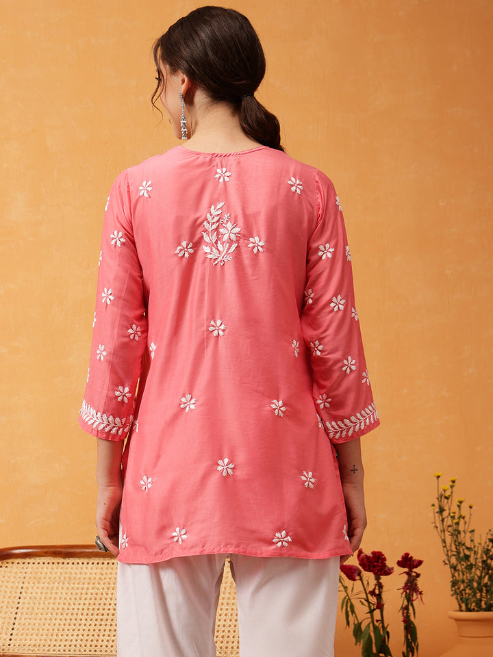 Pink & White Authentic Muslin Chikankari Tunic