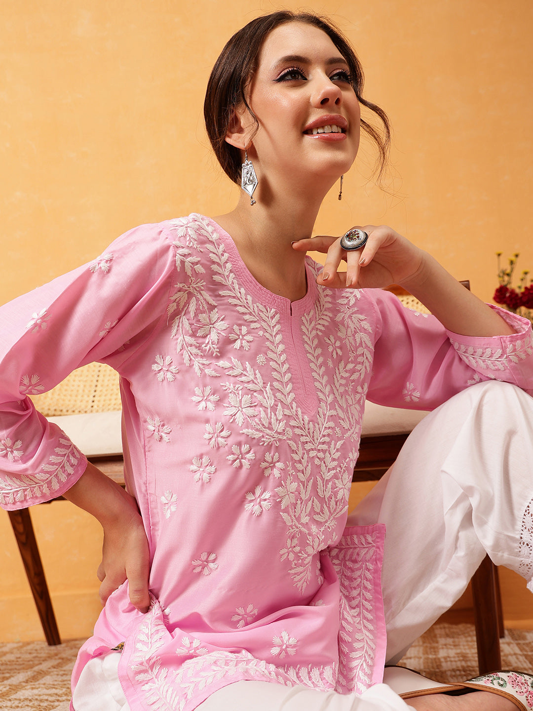 Pink & White Authentic Muslin Chikankari Tunic