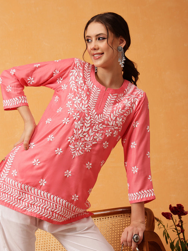 Pink & White Authentic Muslin Chikankari Tunic