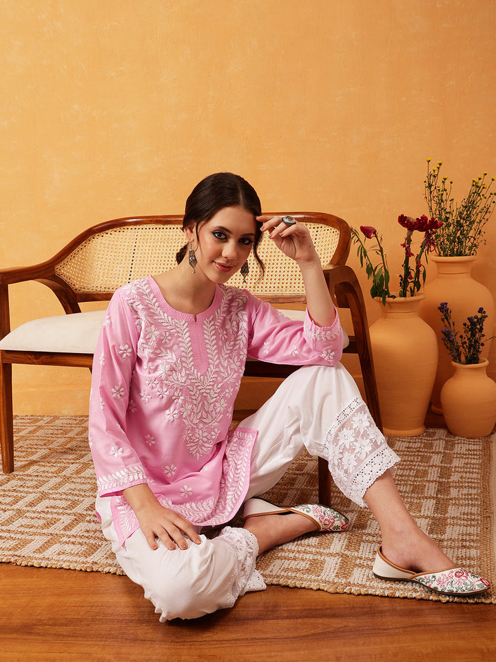 Pink & White Authentic Muslin Chikankari Tunic