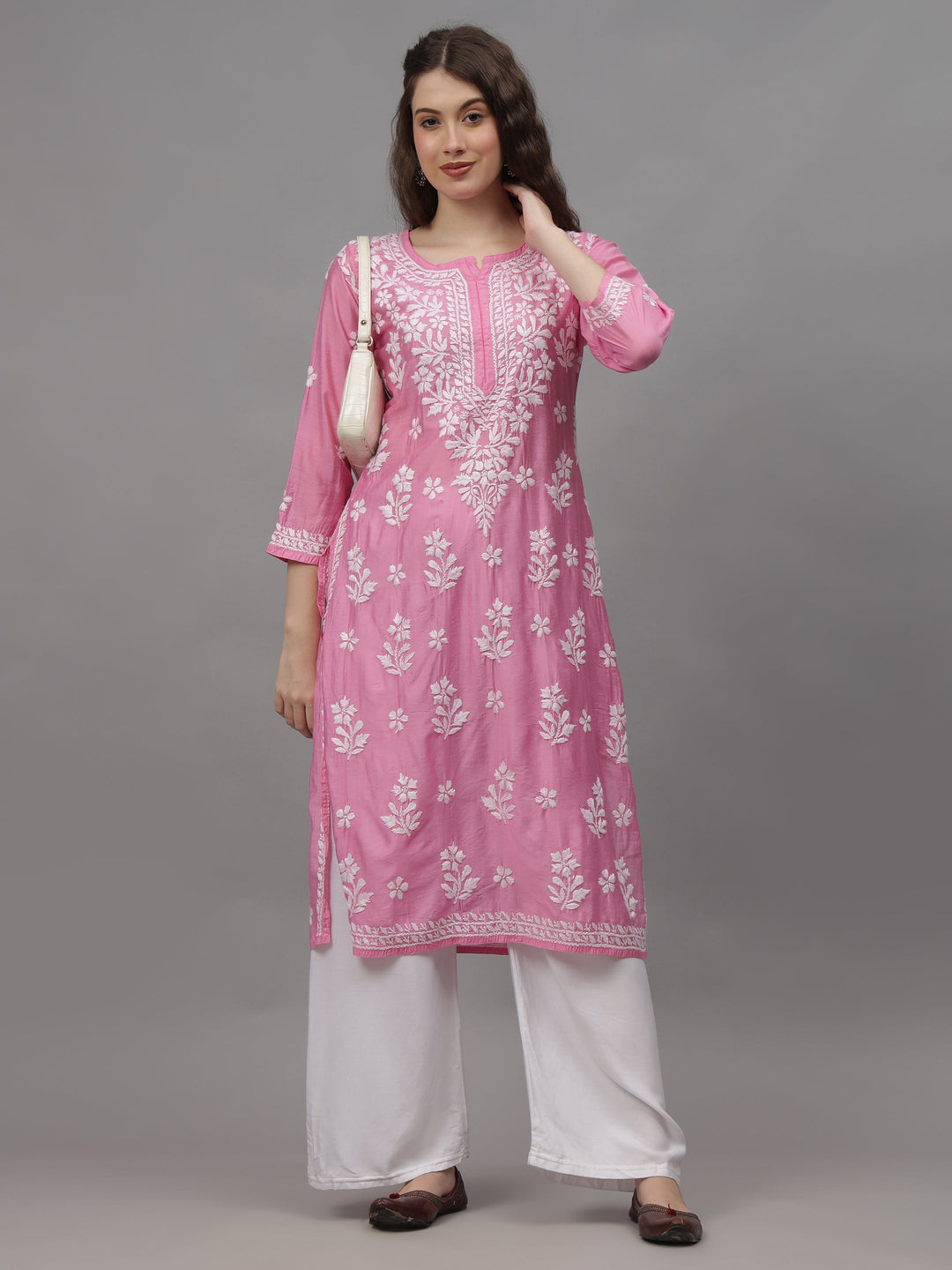 Pink-&-White-Chanderi-Embroidered-Chikankari-Kurta