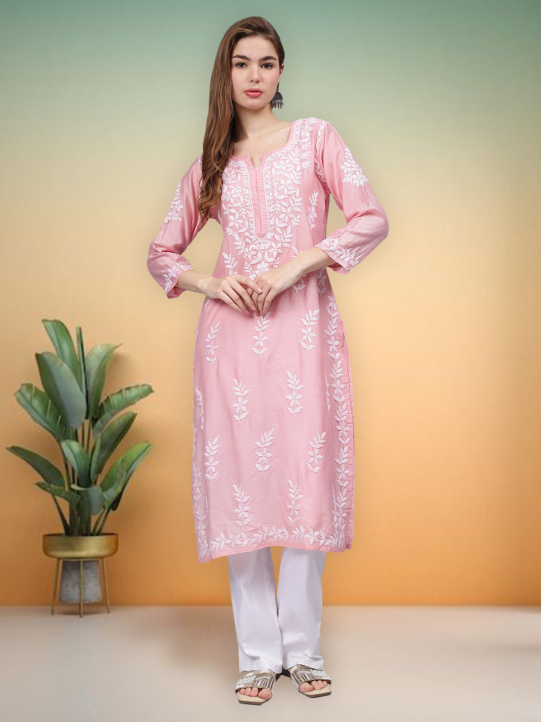 Pink-&-White-Chanderi-Embroidered-Chikankari-Kurti