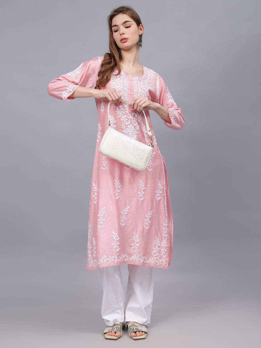 Pink-&-White-Chanderi-Embroidered-Chikankari-Kurti