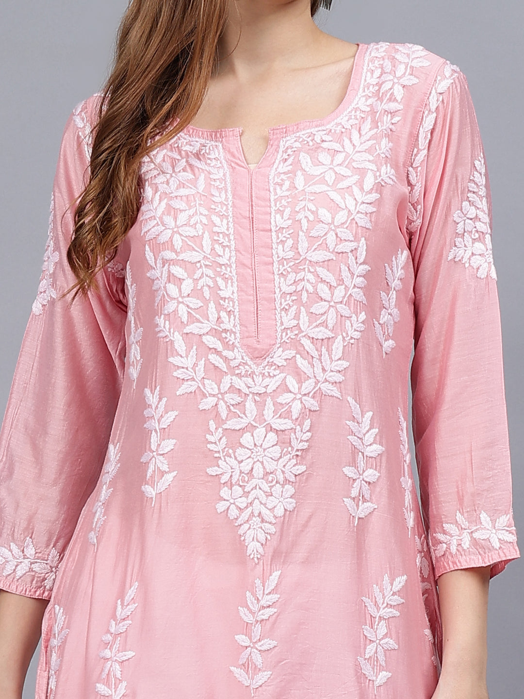 Pink-&-White-Chanderi-Embroidered-Chikankari-Kurti