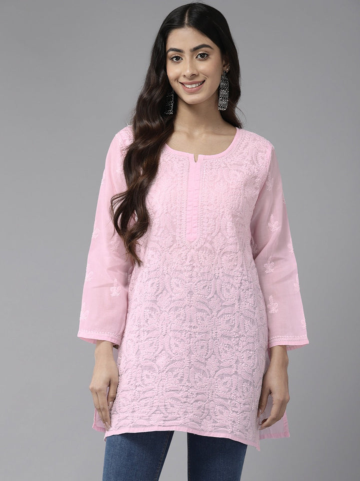 Baby Pink & White Cotton Chikankari Tunic