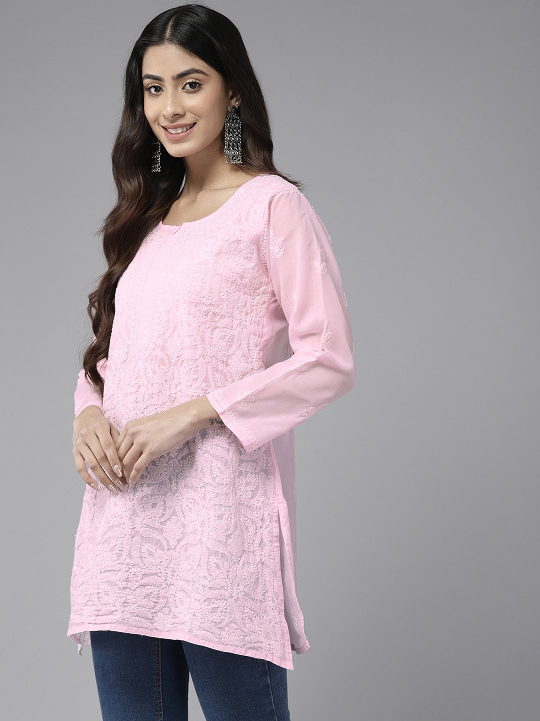 Baby Pink & White Cotton Chikankari Tunic