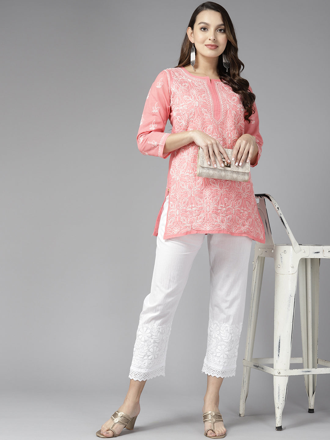 Blush Pink & White Cotton Chikankari Tunic