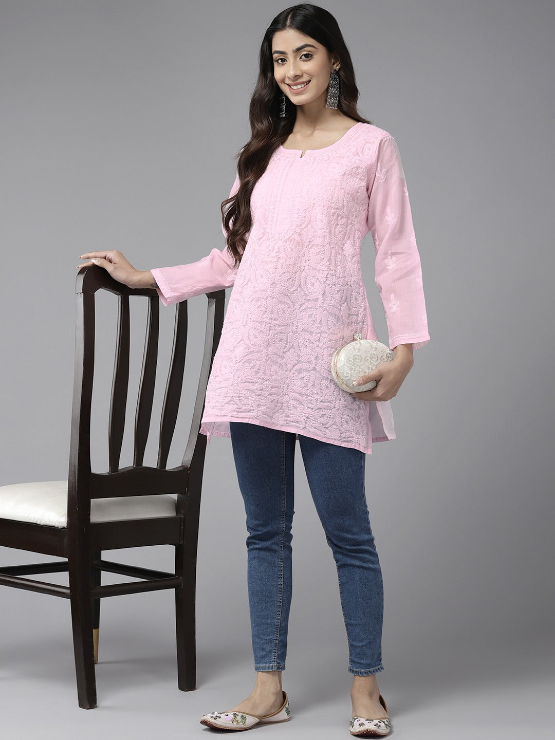 Baby Pink & White Cotton Chikankari Tunic