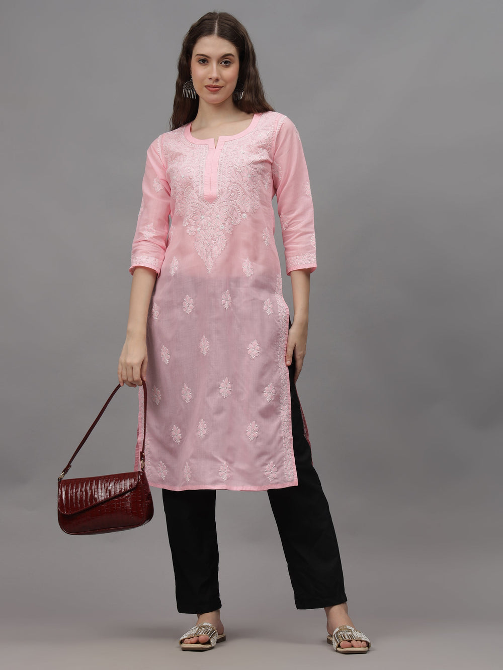 Pink-&-White-Cotton-Embroidery-Chikankari-Kurta