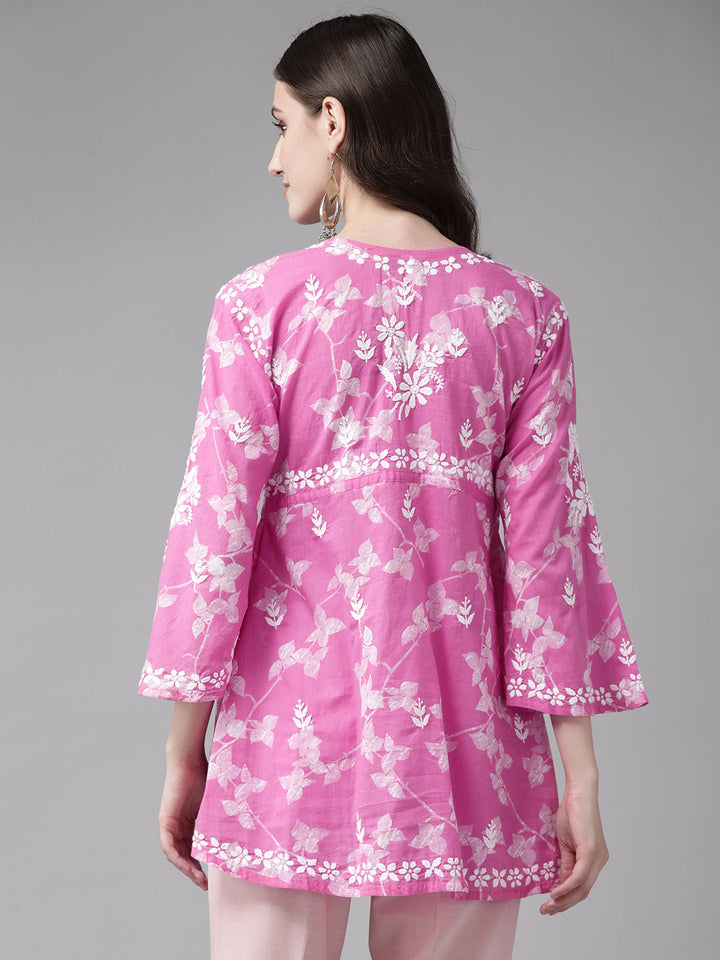 Pink-&-White-Cotton-Floral-Hand-Embroidered-Chikankari-Kurti