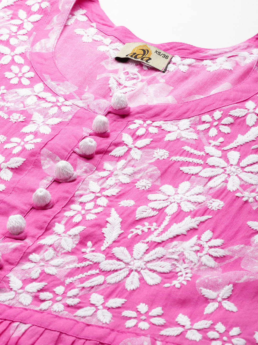 Pink-&-White-Cotton-Floral-Hand-Embroidered-Chikankari-Kurti