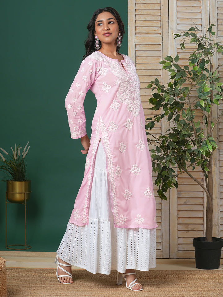 Pink-&-White-Cotton-Floral-Notch-Neck-Chikankari-Kurta