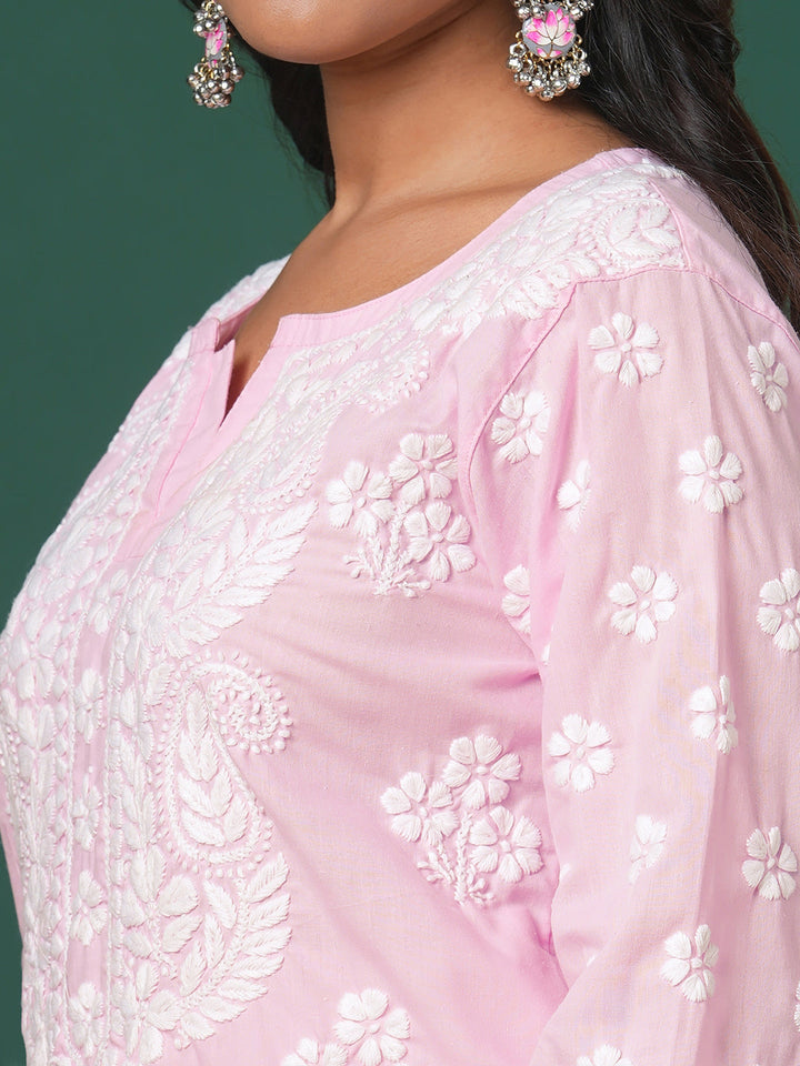 Pink-&-White-Cotton-Floral-Notch-Neck-Chikankari-Kurta