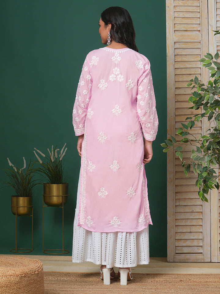 Pink-&-White-Cotton-Floral-Notch-Neck-Chikankari-Kurta