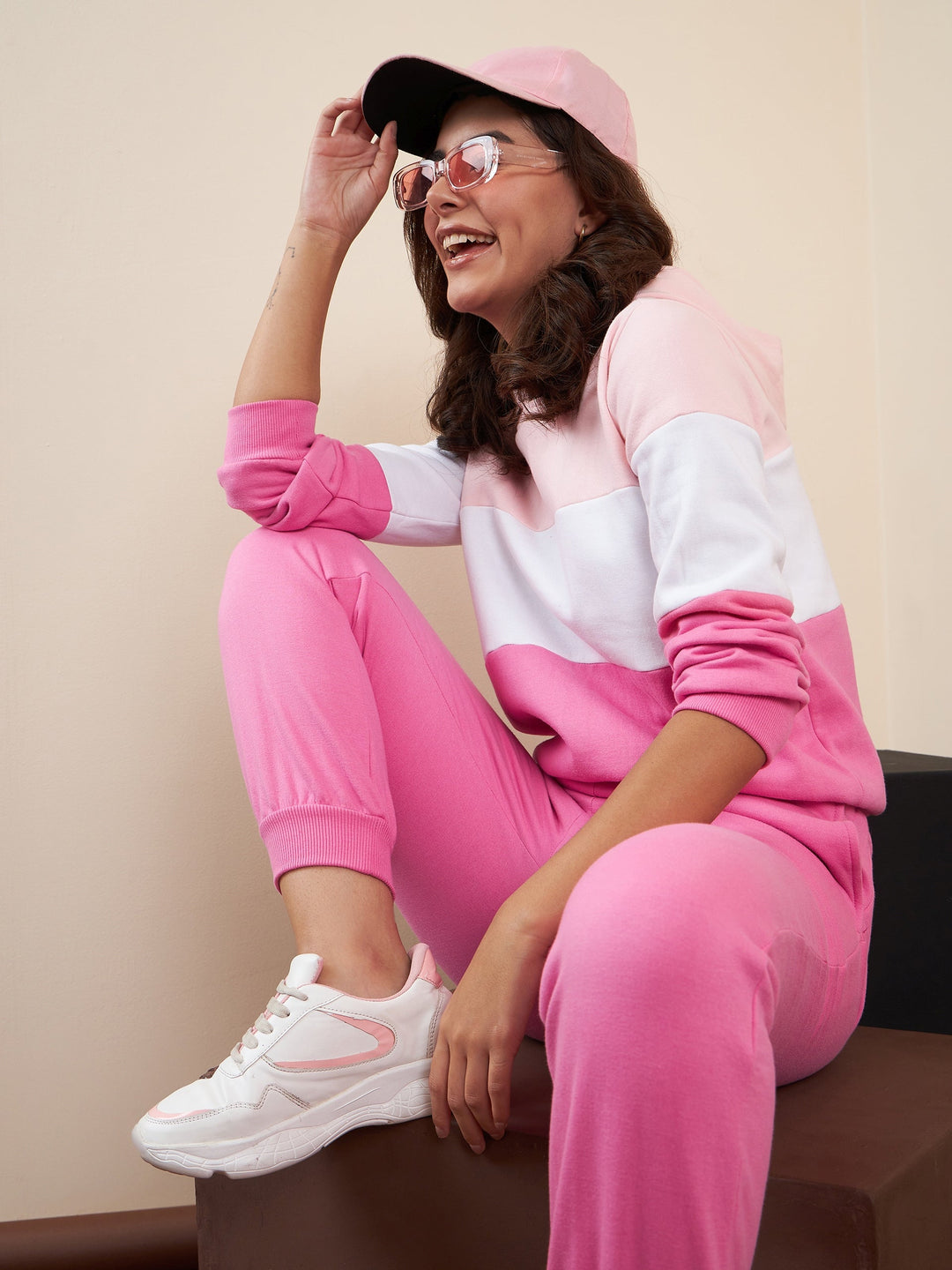 Pink-&-White-Fleece-Blocked-Hooded-Tracksuit-Set