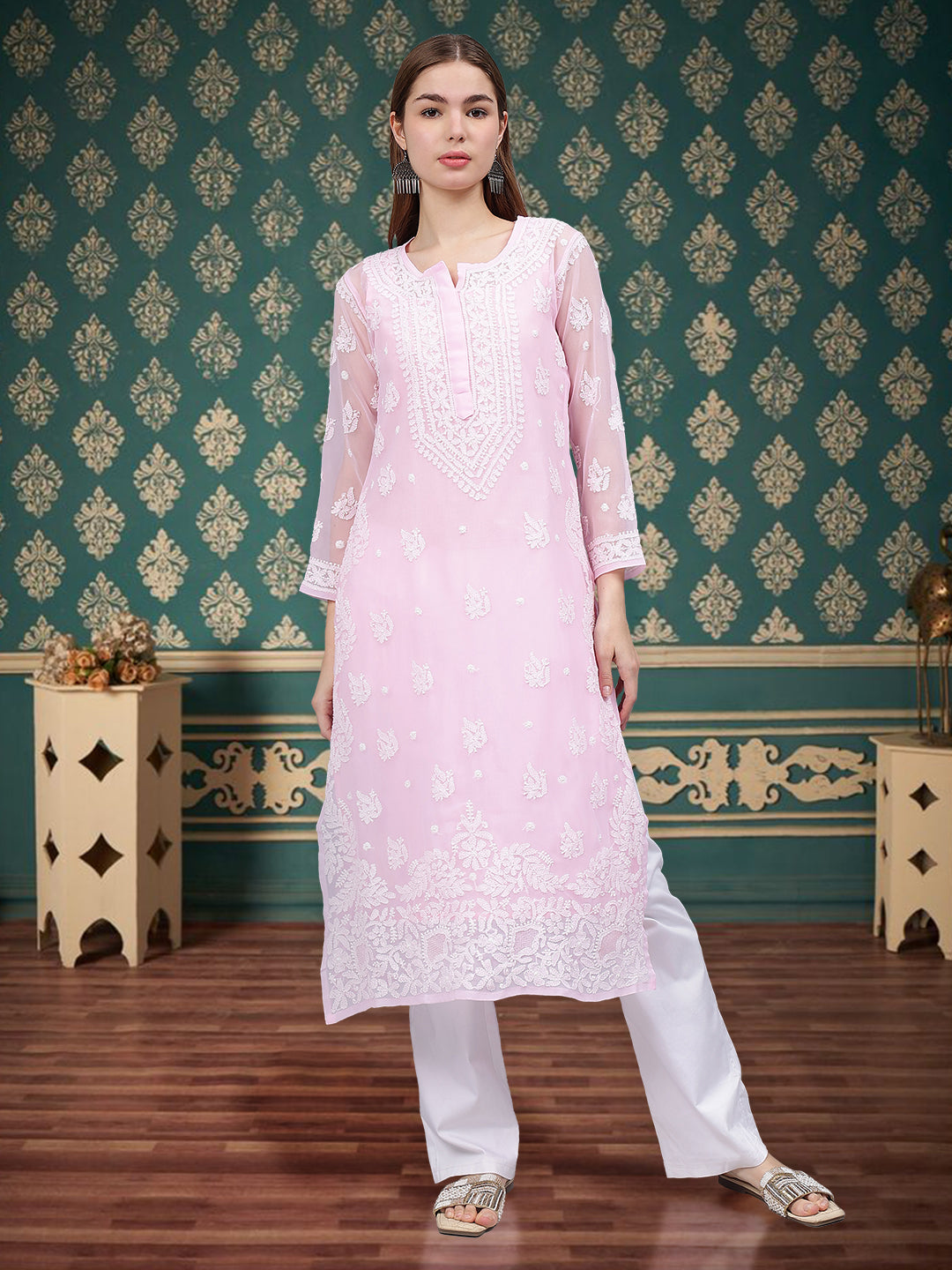 Pink-&-White-Georgette-Embroidered-Chikankari-Kurti-With-Slip