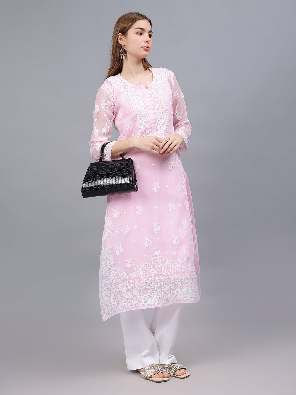 Pink-&-White-Georgette-Embroidered-Chikankari-Kurti-With-Slip