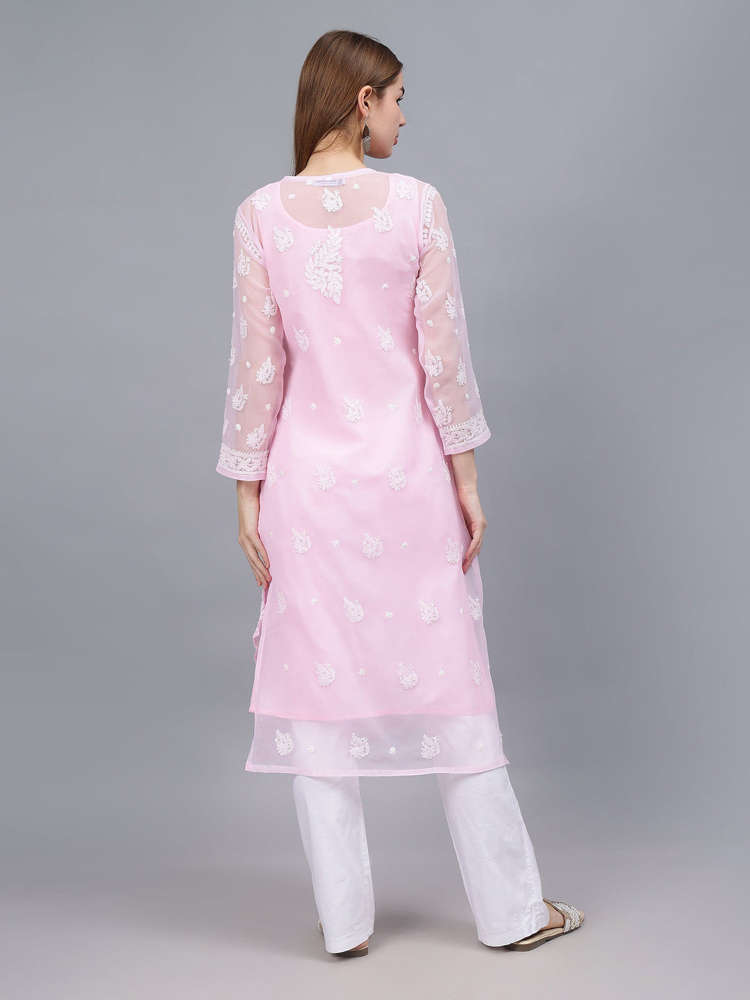 Pink-&-White-Georgette-Embroidered-Chikankari-Kurti-With-Slip