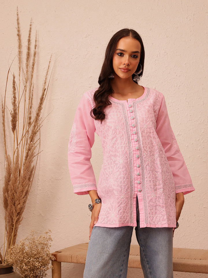 Pink & White Handloom Cotton Chikankari Tunic