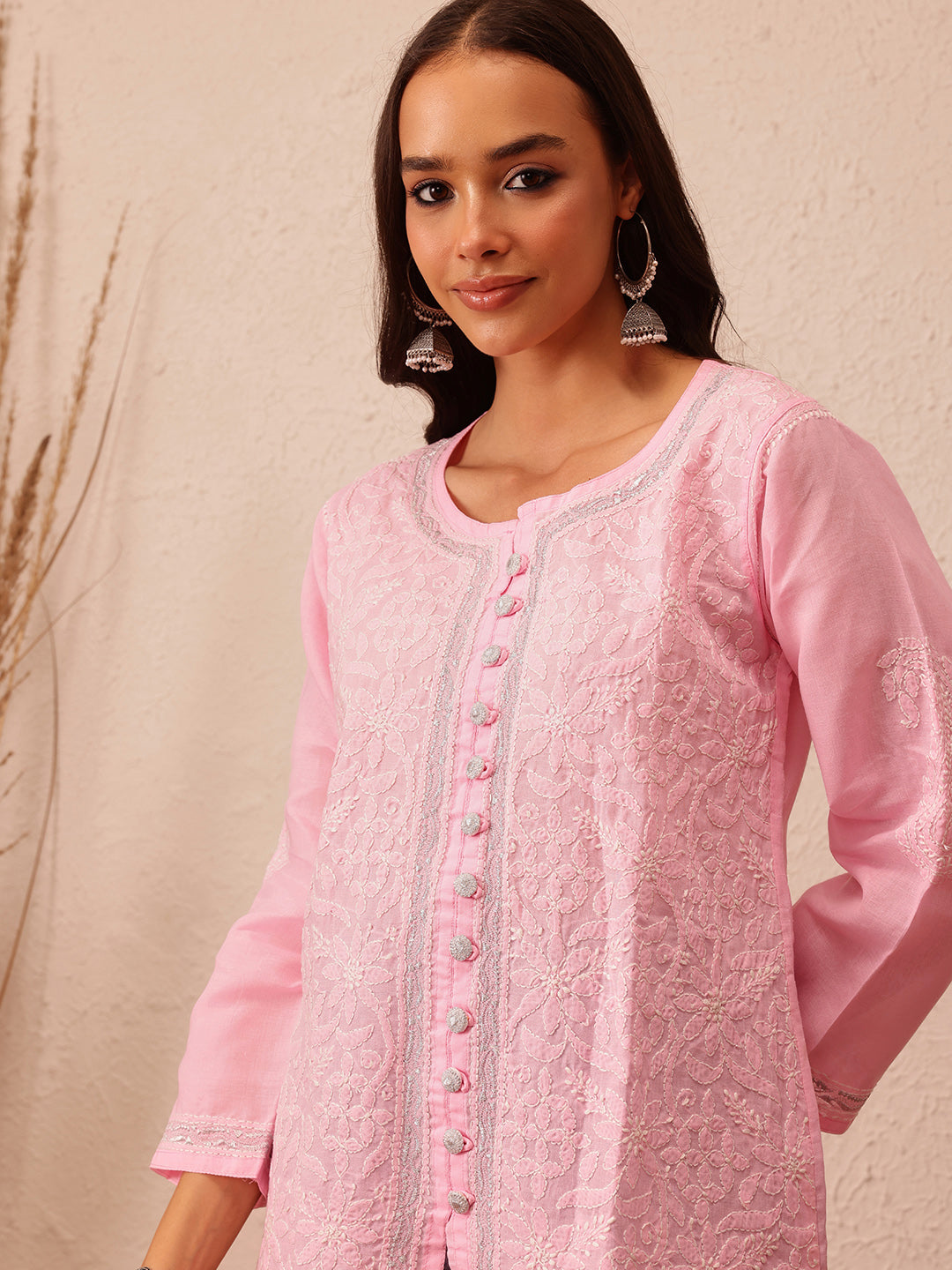 Pink & White Handloom Cotton Chikankari Tunic