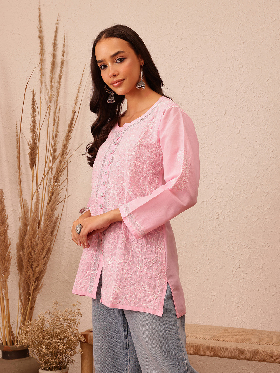 Pink & White Handloom Cotton Chikankari Tunic