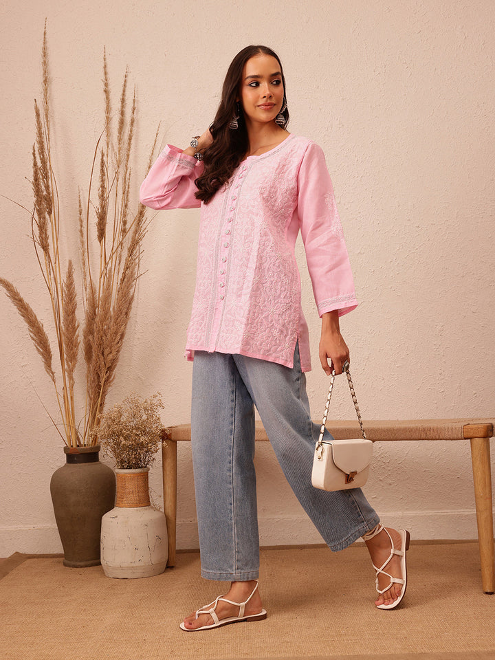 Pink & White Handloom Cotton Chikankari Tunic